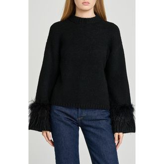 Wayf Pia Feather Trim Mock Neck Sweater in Black at Nordstrom Rack, Size X-Small