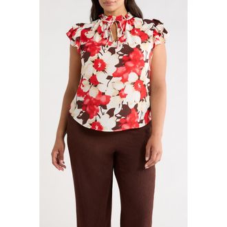 Anne Klein Ruffle Tie Neck Top in White Dove Multi at Nordstrom, Size 2 X