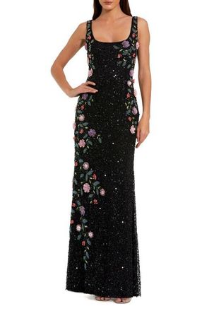 Mac Duggal Embellished Mesh Gown with Scoop Neck and Floral Beading in Black Multi at Nordstrom, Size 10