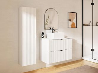 Vente-Unique Mobile per bagno sospeso con scanalature e lavabo da appoggio e colonna 80 cm Bianco opaco - ZEVINI