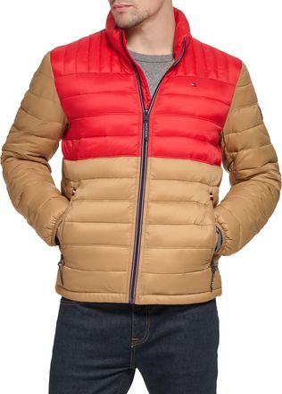 Tommy Hilfiger Mens Lightweight Down Alternative Packable Puffer Jacket Coat, Khaki/Red Colorblock, M