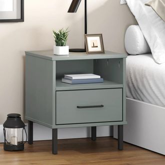 vidaXL Vidaxl - Mesita De Noche Patas De Metal Madera Maciza Pino Gris Oslo
