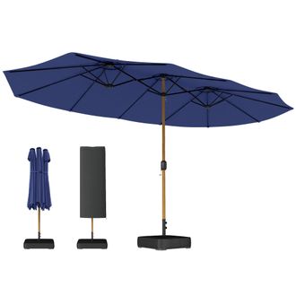 OUTSUNNY Sombrilla Doble 4,7x2,8 M, Sombrilla Terraza Exterior Con Base Incluida, Manivela, Sacos De Arena Y Funda, Protecci&oacute;n Uv, Impermeable, Azul
