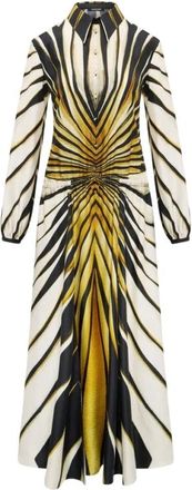 Roberto Cavalli Midi Dresses, female, Yellow, Size: L Ray Of Gold Print Silk Midi Dress