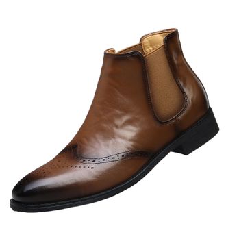 Generic Mens Pull on Chelsea Ankle Boots Pointed Toe PU Leather Vintage Brogue Shoes Flat Heel Formal Boots,Yellow,5.5 UK