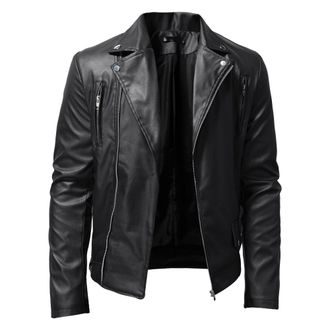 Generic JEKE-DG Faux Leather Jacket For Men Stand Collar Bomber Jackets Motorcycle Asymmetric Zip-Up Blet Slim Fit Biker Coat, Black, 4XL