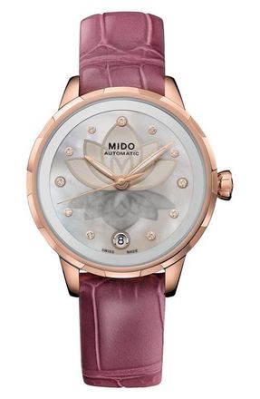 Mido Rainflower Diamond Night Mode Automatic Leather Strap Watch, 34mm in White Mother Of Pearl at Nordstrom