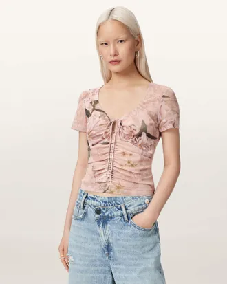 AllSaints Gabby Slim Fit Floral Mesh Top