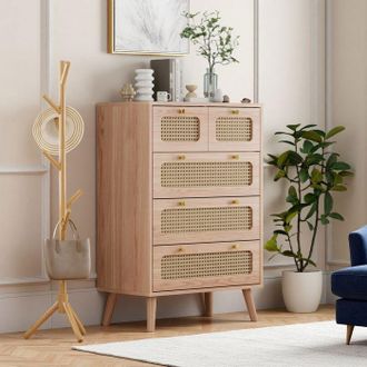OEM C&oacute;moda Escandinava 5 Cajones, Patas De Madera - L 60 X P 34 X H 91 Cm - Aspecto Madera Natural