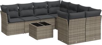 vidaXL Set De Muebles De Jard&iacute;n 9 Pzas Y Cojines Rat&aacute;n Sint&eacute;tico Gris Vidaxl