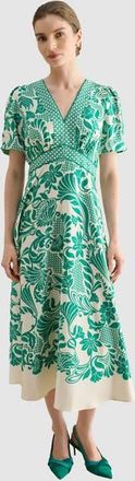 Hobbs London Trelissick V-Neck Fit Flare Dress in Greencream at Nordstrom, Size 12