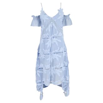Self Portrait Off-The-Shoulder Embroidered Georgette Dress in Light Blue Polyester