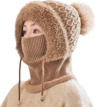 Generic Winter Warm Knitted Caps with Neck Womens Warm Fleece Lined Woolly Pom Pom Beanie Hat Adjustable Drawstring Windproof Balaclava Hooded Hats for Outdoo