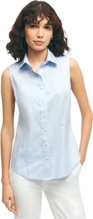Brooks Brothers Getailleerd Strijkarm Stretch Supima Katoenen Mouwloze Dress Shirt - Dames - Tops zonder mouwen - Blauw - 3XS - Katoen - Tops