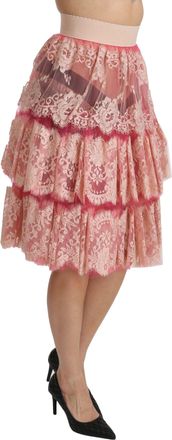 Dolce & Gabbana Womens Pink Lace Layered High Waist Knee Length Skirt Nylon Cotton