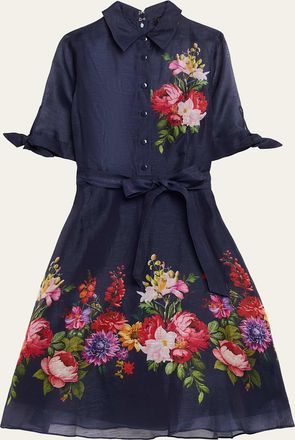 Teri Jon Silken Linen Floral-Print Shirtdress