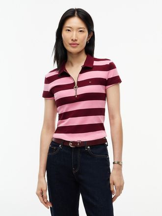 Tommy Hilfiger Womens Slim Fit Rugby Striped Zip Polo - Burgundy Combo - XL