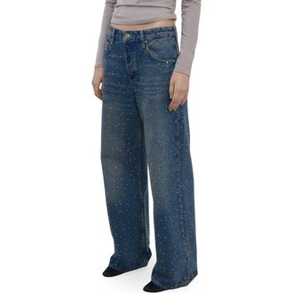 Mango Rhinestone Wide Leg Jeans in Medium Blue at Nordstrom, Size 8