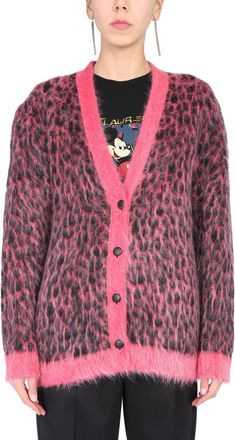 Saint Laurent Leopard Jacquard Wool Cardigan - Pink