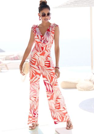 Lascana Overall LASCANA, Damen, Gr. 36, N-Gr, blau (rot orange apricot), Jersey, Obermaterial: 100% Viskose, figurumspielend lang, tiefer V-Ausschnitt, Overal