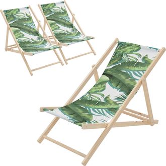 ECD Germany Ecd Germany 3x Sillas De Playa De Madera Con Respaldo Ajustable En 3 Posiciones De Reclinaci&oacute;n, Dise&ntilde;o Tropical Verde-blanca Tumbona Plegable, Hasta 1