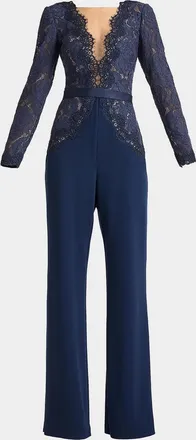Tadashi Shoji Amaris Plunging Illusion Lace & Crepe Jumpsuit