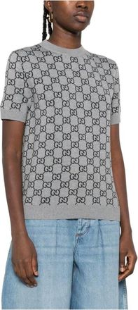 Gucci Truien & Vesten, Dames, Grijs, S, Grijze Gebreide Top met GG Patroon