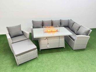 Fimous 8 Seat Rattan Garden Furniture Corner Sofa Sets Gas Firepit Table Set in Light Grey