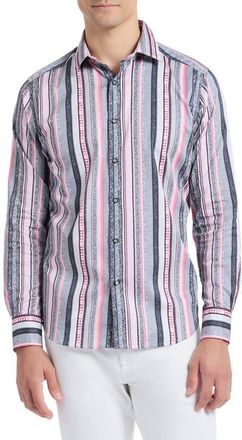 Robert Graham Bramshaw Mixed Stripe Stretch Cotton Button-Up Shirt in Pink Multi at Nordstrom, Size Xxx-Large