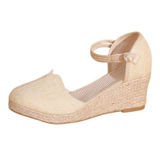 Generic QWUVEDS Sandals Womens Summer Comfortable Sandals & Slides for Women Ripple Linen Sandals Platform Wedge Sandals Fashion Versatile Braided Buckle Brea