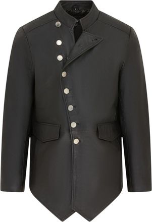 Infinity Leather Mens Black Leather Mandarin Military Assymetrical Jacket - Lucifer