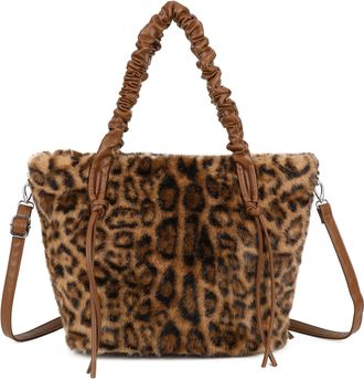 Generic Womens Fluffy Handbag with Top Zip Closure, Faux Fur Shoulder Bag with Detachable Strap, Grab Handle & Interior Pockets (Brown Leopard)