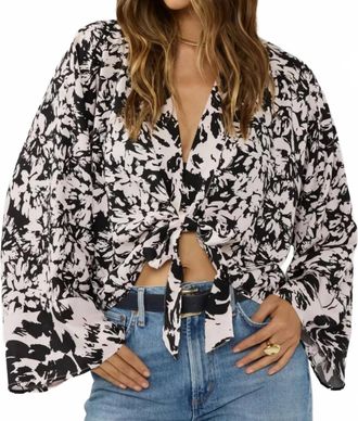 Lovestitch Womens Floral Tie Front Kimono Top In Black And White
