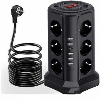 OEM Regleta De Enchufes Con Protecci&oacute;n Contra Sobretensiones, 5 Puertos Usb Y 12 Tomas De Corriente, Con 3 Interruptores, Color Negro
