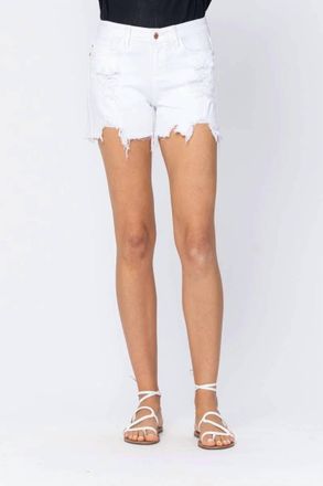 Judy Blue Mid-Rise Destroyed Shark Bite Hem Shorts - Plus In White