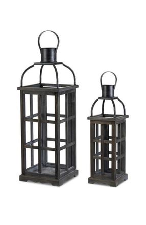 Glitzhome Set of 2 Farmhouse Vintage Wood & Metal Lanterns Candle Holders with Hanger in Black at Nordstrom, Size Small/medium