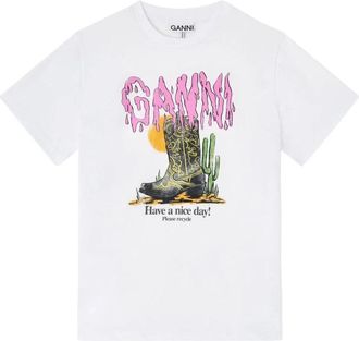 Ganni Grafisch Katoenen T-shirt - Dames - T-shirts - Wit - M - Katoen - Tops
