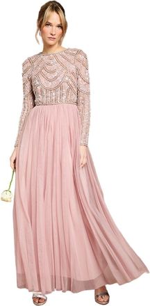 Coast Honoured Long Sleeve Sequin Bodice Tulle Skirt Maxi Bridesmaid Dress, 18, Blush
