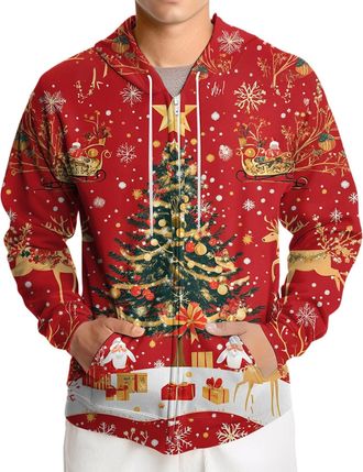 Generic Unisex Christmas 3D Printed Full Zip Up Hoodies, Xmas Novelty Tree Graphic Hooded Sweatshirt with Pocket Winter Casual Stylish Jacket for Men and Wome
