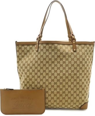 Gucci Beige Khaki Light Brown Gg Canvas Leather Shoulder Bag Tote Bag (Pre-Owned)