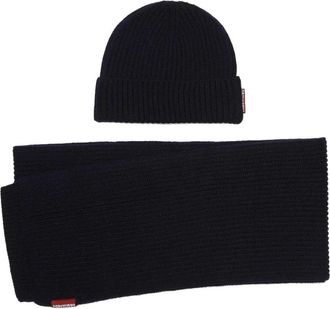 Dsquared2 Ribgebreide wollen beanie sjaal set - Heren - Hoeden - Blauw - ONE Size - Wol - Accessoires