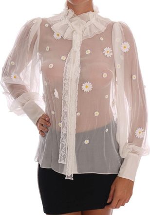 Dolce & Gabbana Womens White Daisy Applique Silk Shirt