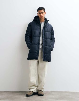 Blend piumino lungo con cappuccio e chiusura con zip navy-Verde