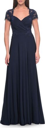 La Femme Elegant Jersey Evening Dress with Lace Details in Navy at Nordstrom, Size 12