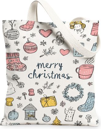 Generic Christmas Fun Canvas Tote Bags, Festive Pattern Reusable Grocery Bags, Vintage Lightweight Washable Canvas for Outdoor Trav, White, 13x15 Inch