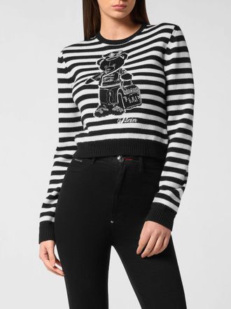 Philipp Plein Maglia girocollo in cotone con stampa Teddy Bear a righe