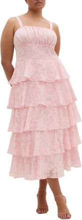 City Chic Daniela Tiered Ruffle Sleeveless Midi Dress in Dusty Pink at Nordstrom, Size Xxxs