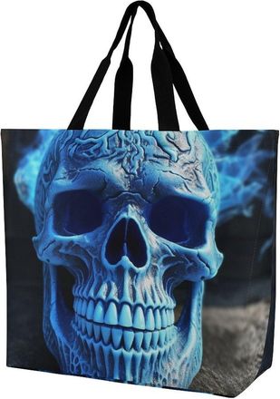 Generic 3D Print Blue Skull Carry Bag Foldable Shopping Bag Durable Tote Bags For Daily Use Ladies Travel