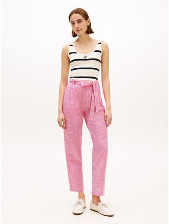 Tommy Hilfiger Womens Belted Gingham Seersucker Tapered Pant - Pink - XL