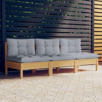 vidaXL Divano da Giardino a 3 Posti con Cuscini Grigi Massello di Pino - Vidaxl